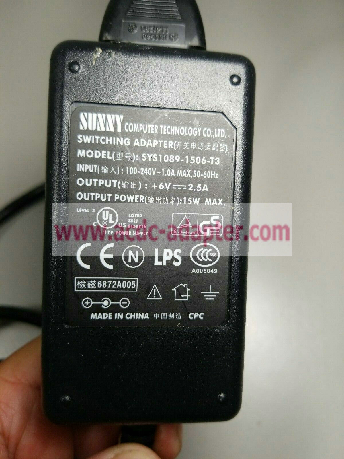 NEW Sunny SYS1089-1506-T3 AC/DC Adapter Power Supply 6V 2.5A 15W